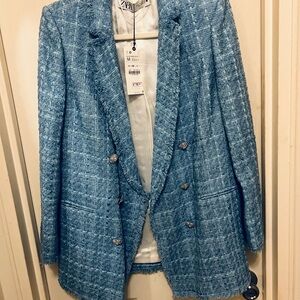 Blue tweed Zara jacket, rhinestone buttons , open closure